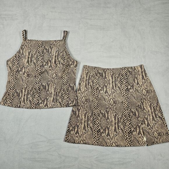 Vtg 90s Y2K Mini Skirt Set Size 7 Brown Snakeskin Slit USA Square Neck Mandee - Picture 1 of 16